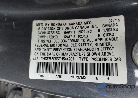 2015 Honda Civic Ex из США, поврежденный, VIN 2HGFB2F86FH544201